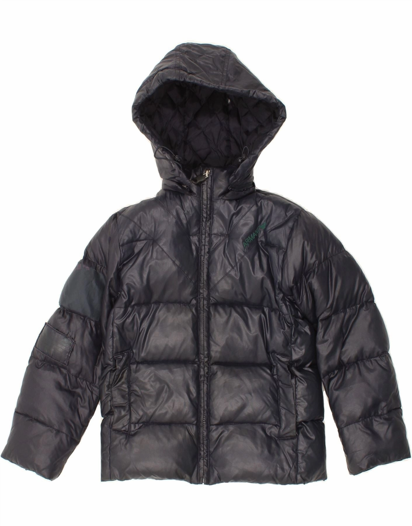Weatherproof Coating ARMANI JUNIOR Boys Hooded Padded Jacket 7-8 Years Navy Blue Polyamide
