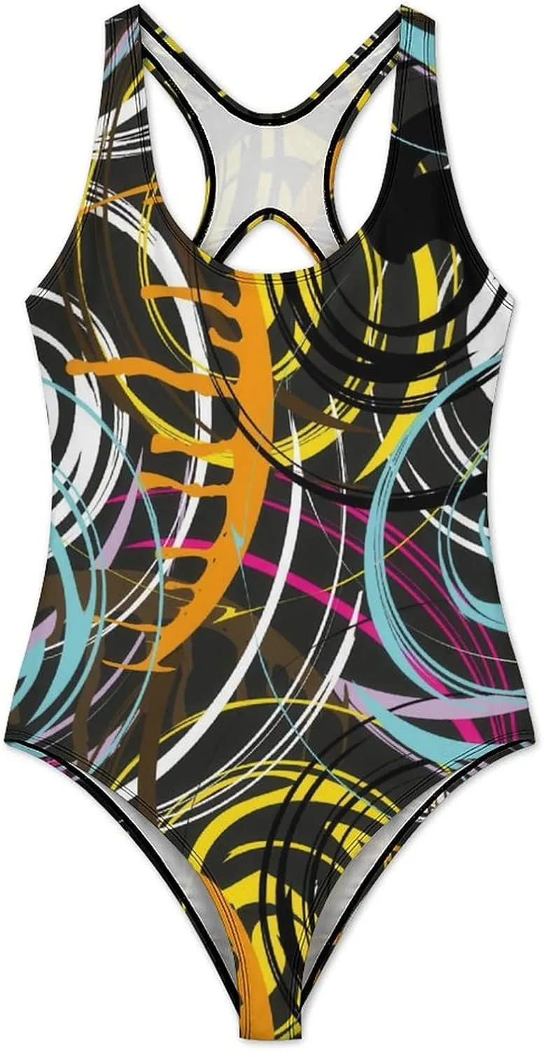 Colorabstract Ethnic Women's 1 Piece Swimsuits Crisscross Back Scoop Neck Aesthetic Tummy Control Bathing Suits