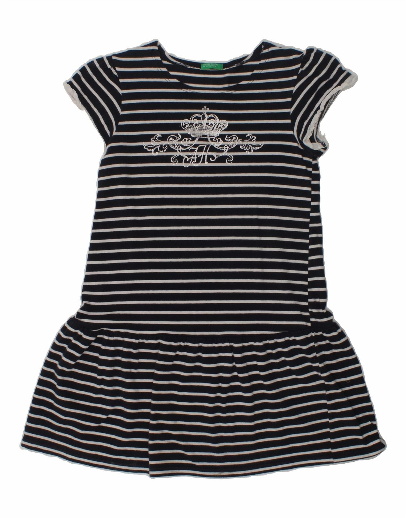 BENETTON Girls Graphic T-Shirt Dress 8-9 Years Large  Navy Blue Striped Mood Glow