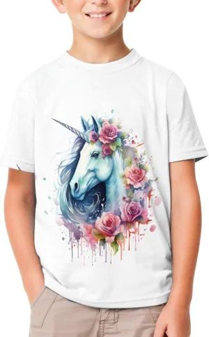 Colorful Uni-corn Rose Boys Girls Printed T-Shirt Short Sleeve Crewneck Graphic Tees