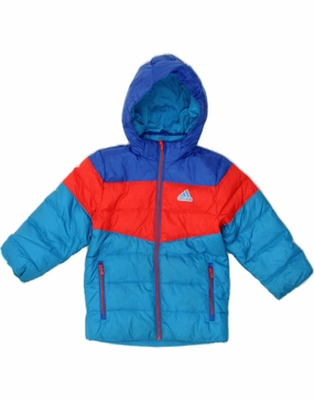 ADIDAS Boys Hooded Padded Jacket 4-5 Years Blue Colourblock Polyester Fashion Shield Storm Fit