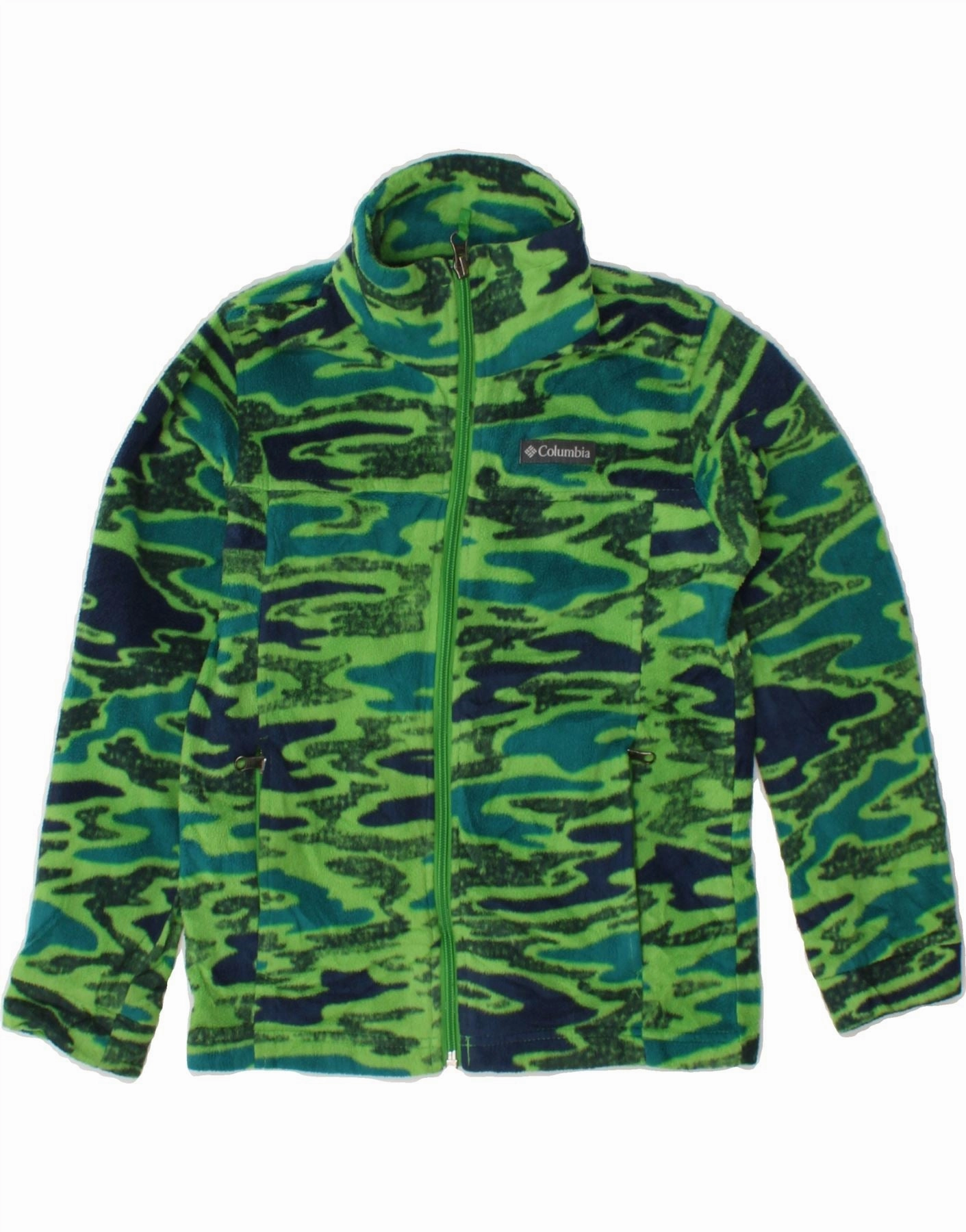 Checked COLUMBIA Boys Fleece Jacket 7-8 Years Small Green Camouflage Polyester