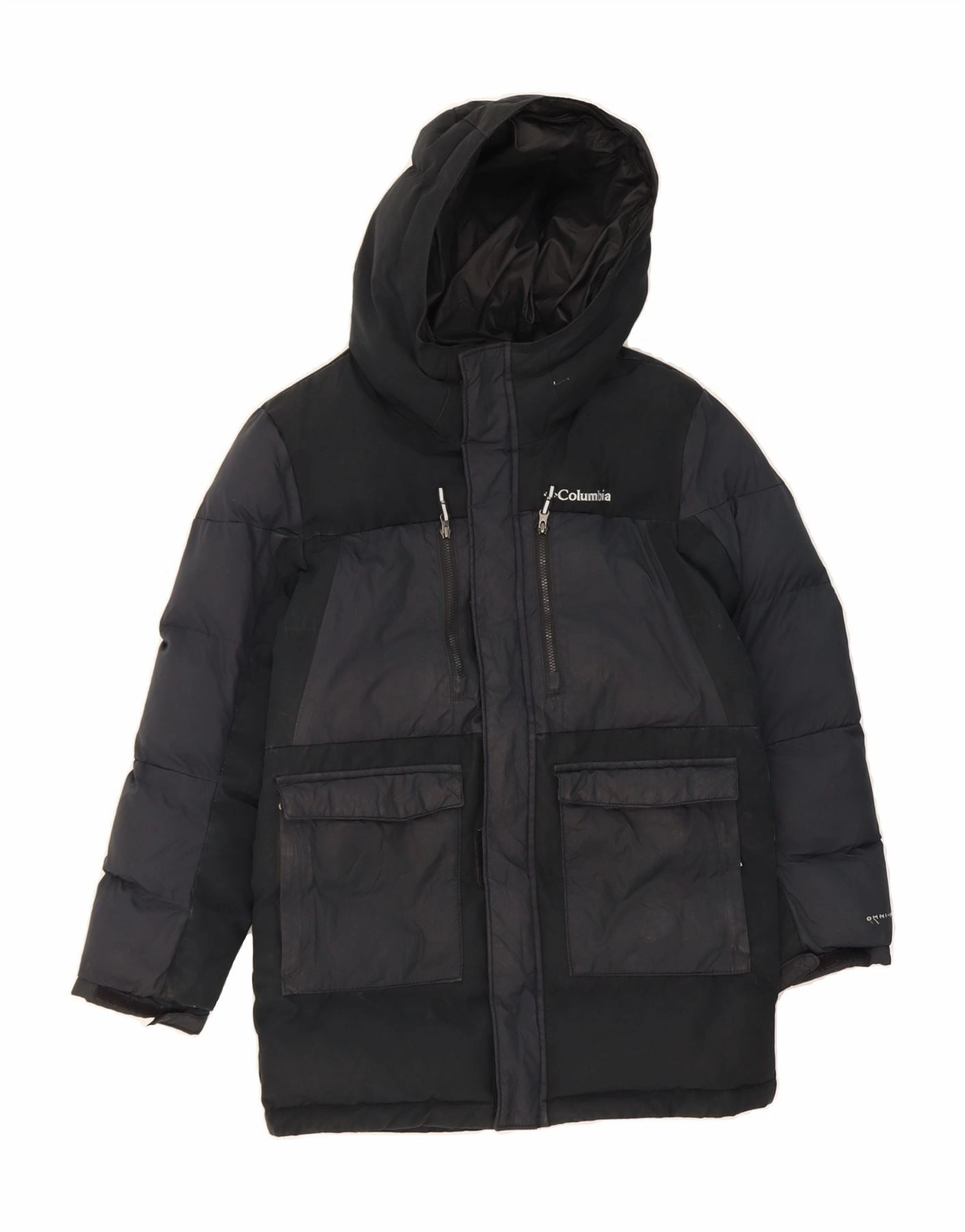 suitable for graduations COLUMBIA Boys Hooded Padded Coat 10-11 Years Medium Black Colourblock