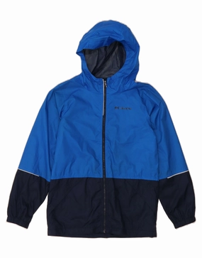 COLUMBIA Boys Hooded Rain Jacket 10-11 Years Medium Blue Colourblock Nylon Silk