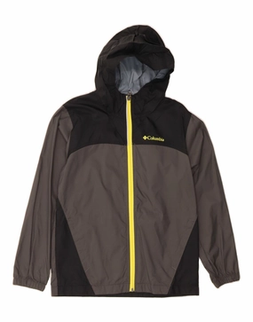 COLUMBIA Boys Hooded Rain Jacket 10-11 Years Medium Grey Colourblock Nylon Quilted Panels nylon