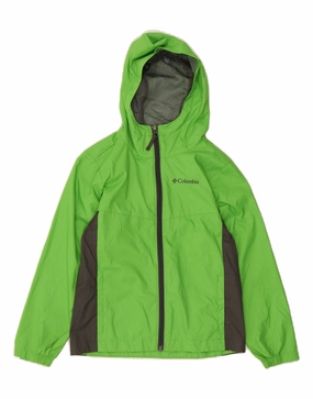COLUMBIA Boys Hooded Rain Jacket 7-8 Years Small Green Colourblock Nylon Trendy Outerwear Eco friendly materials