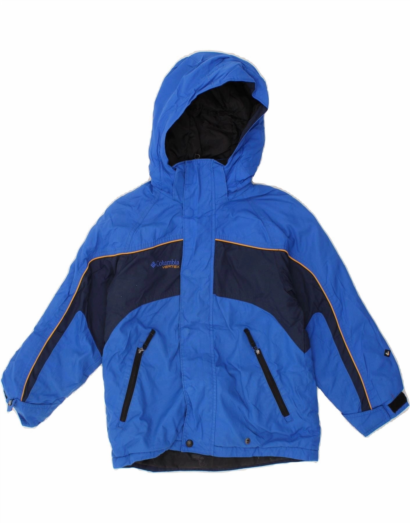 Reinforced Hem COLUMBIA Boys Hooded Windbreaker Jacket 7-8 Years Blue Colourblock