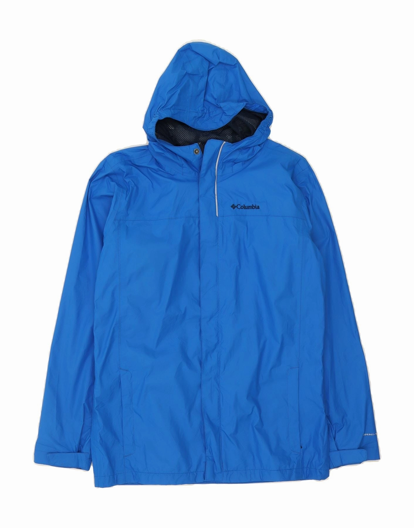 COLUMBIA Boys Omni-Tech Hooded Rain Jacket 15-16 Years XL Blue Nylon High Collar Support