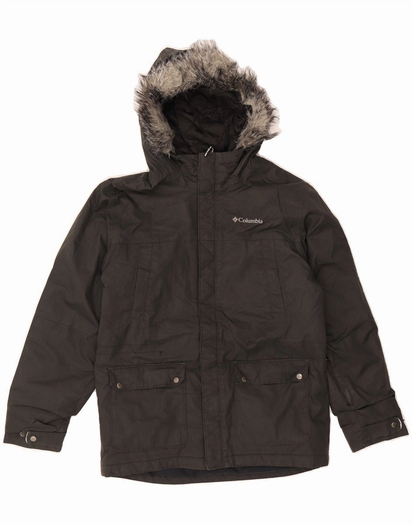 COLUMBIA Boys Omni-Tech Hooded Windbreaker Jacket 14-15 Years Large  Grey AdjustableHood Grid Fleece Lining
