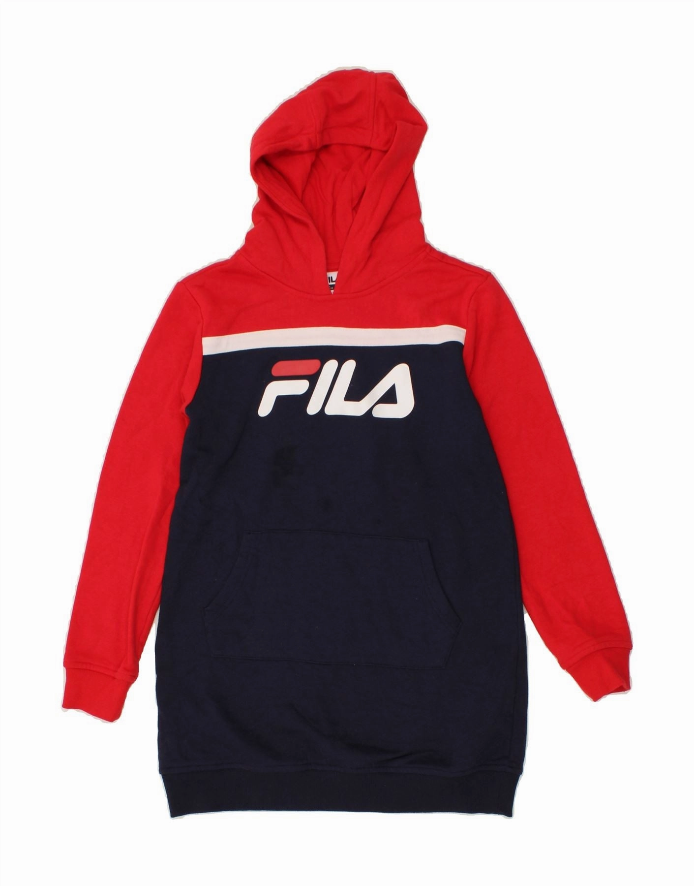 FILA Girls Graphic Hooded Jumper Dress 10-11 Years Large Navy Blue Fresh Stitch