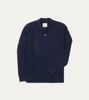 Tassel accents Navy Pique Cotton Long-Sleeve Polo Shirt