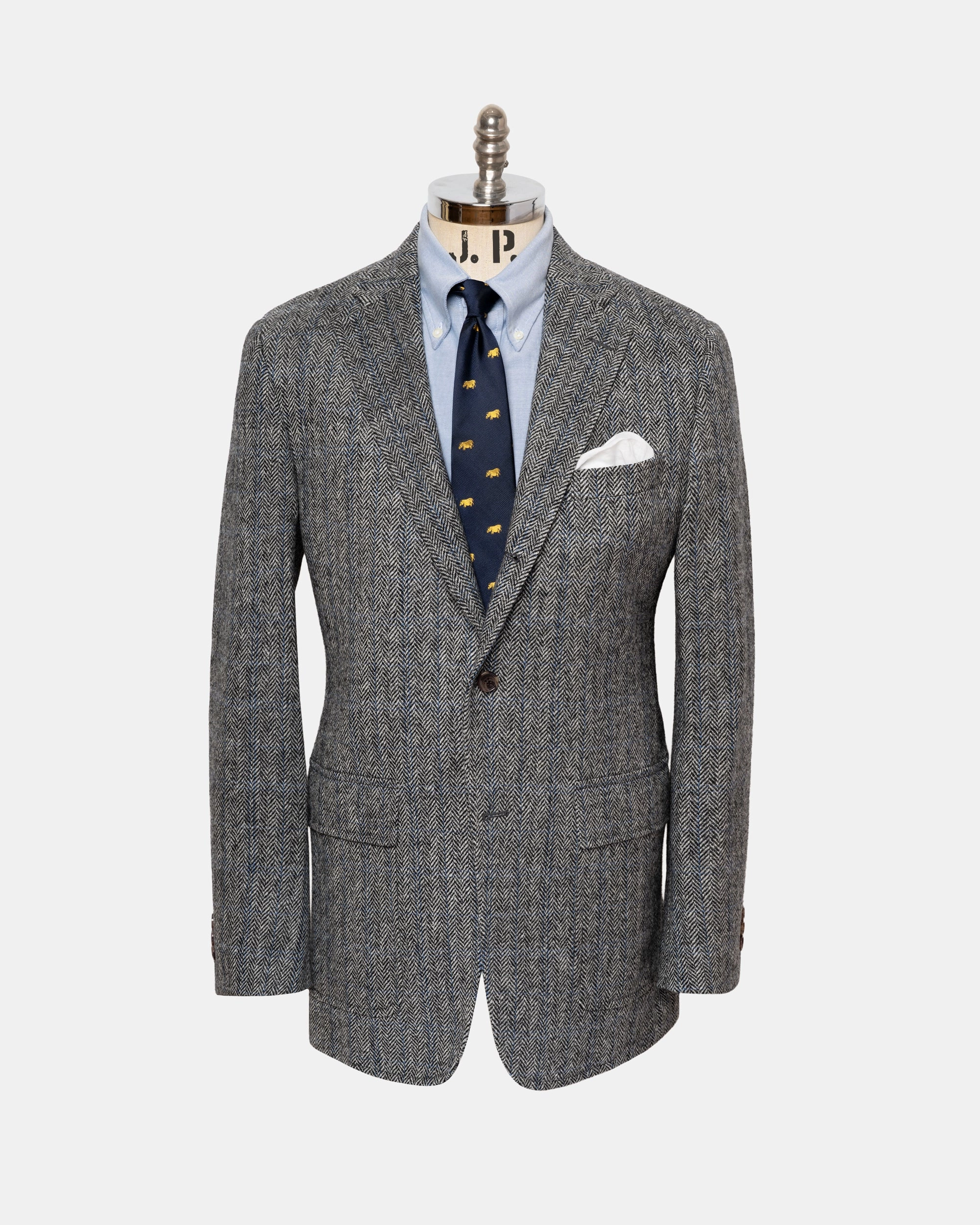 Made-in-USA Blue Herringbone Cheviot Tweed Sport Coat Sleek Fit