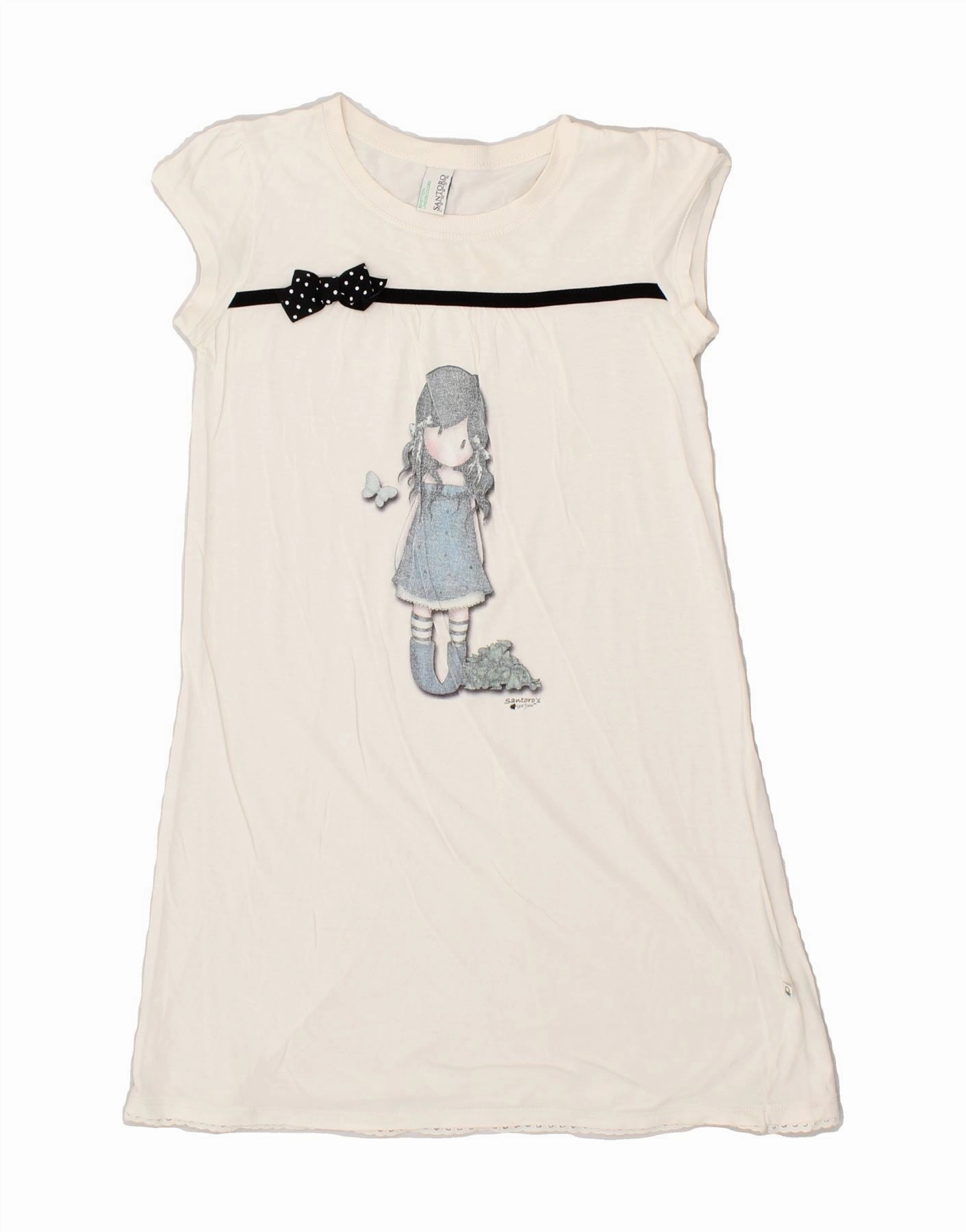 BENETTON Girls Graphic T-Shirt Dress 9-10 Years Large White Cotton Classic Line Mini-Length