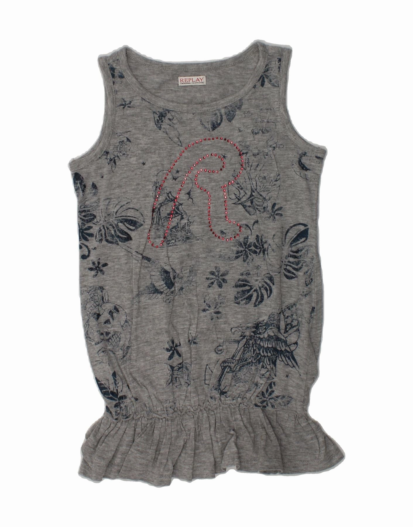 Calm Fit Trendy wrap gown REPLAY Girls Graphic Sleeveless T-Shirt Dress 3-4 Years Grey Floral Cotton