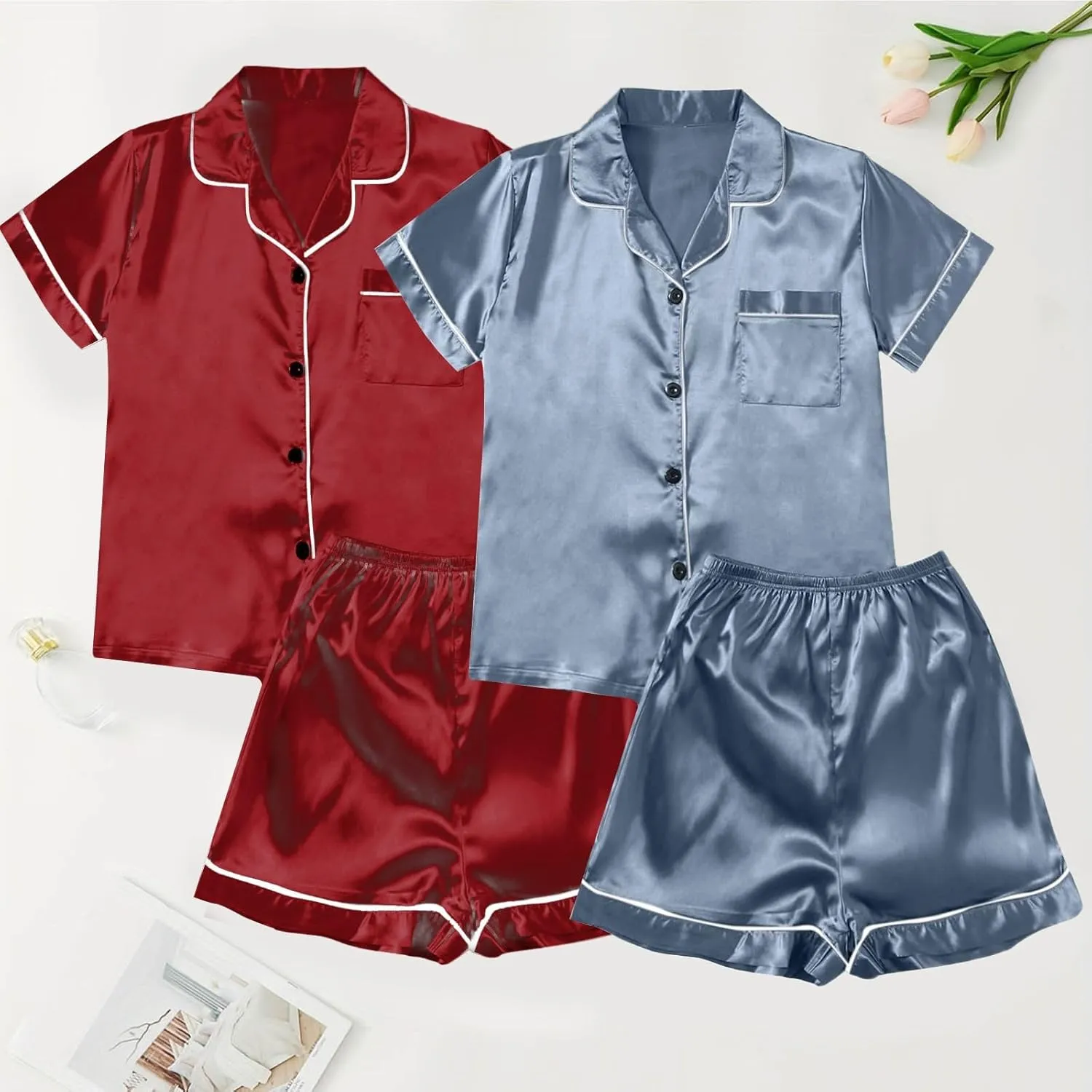 Comfy Button Up Pajamas for Women Set Short Sleeve Short Pants Ladies Pajamas Ice Silk Thin Spring Summer Sleepwear