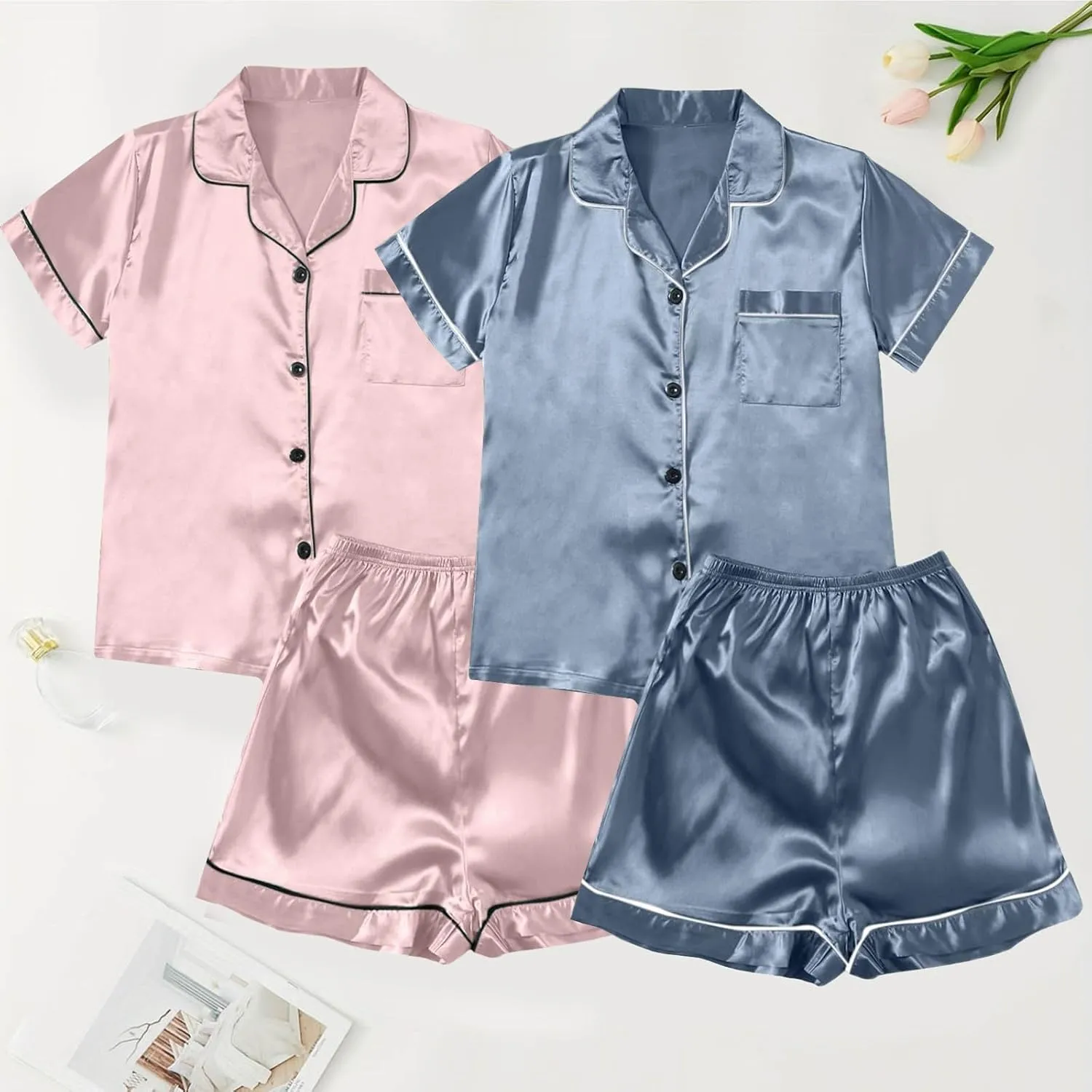 Comfy Button Up Pajamas for Women Set Short Sleeve Short Pants Ladies Pajamas Ice Silk Thin Spring Summer Sleepwear