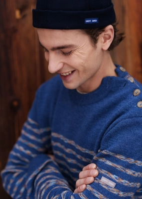 BINIC WEST - Authentic Striped Wool Sailor Sweater with Shoulder Buttons (DENIM BLUE / MULTICOLORED STRIPES) Comfy Knit Look Knit Wear
