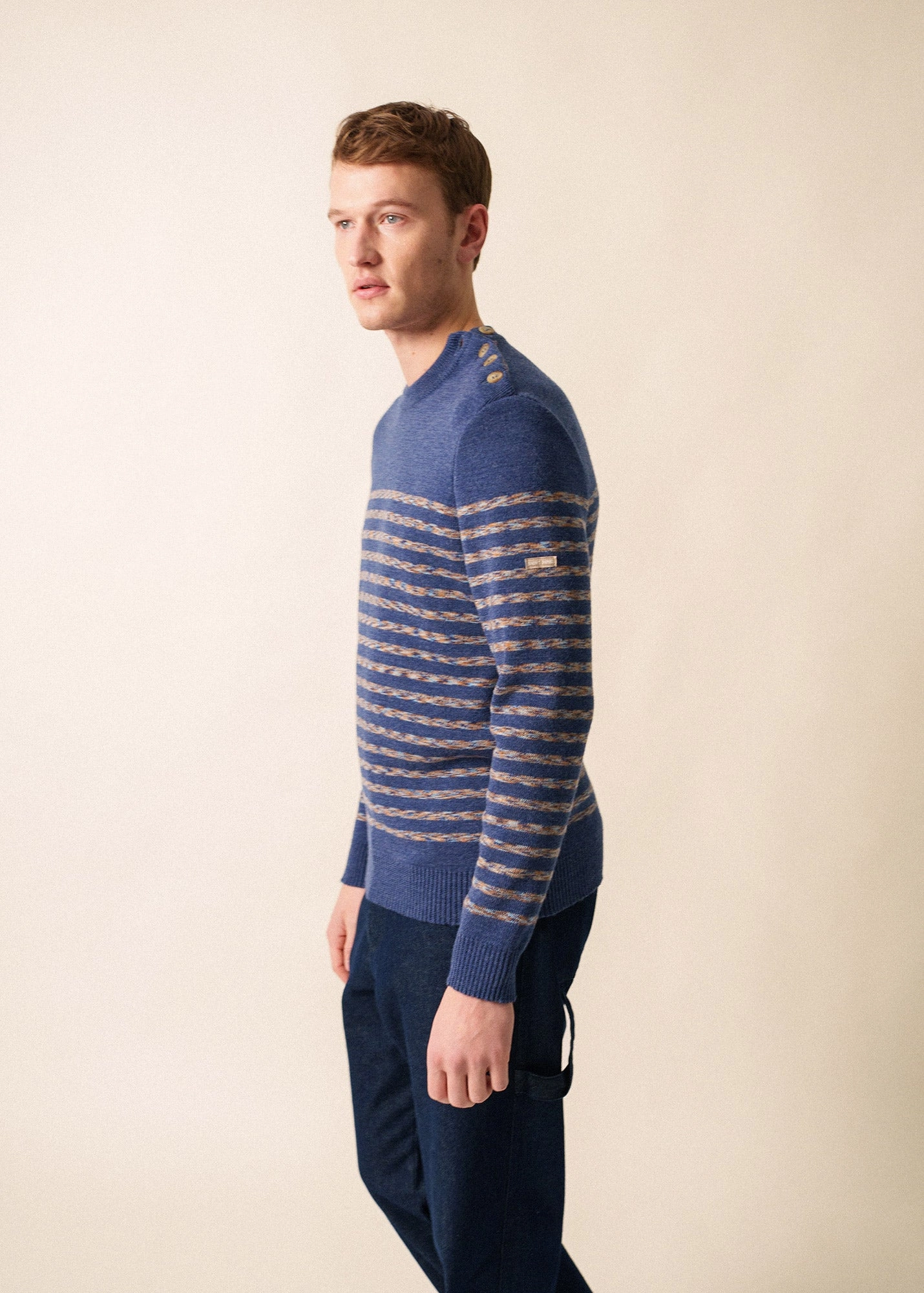 Cozy Knit Smart Wear BINIC WEST - Authentic Striped Wool Sailor Sweater with Shoulder Buttons (DENIM BLUE / MULTICOLORED STRIPES)
