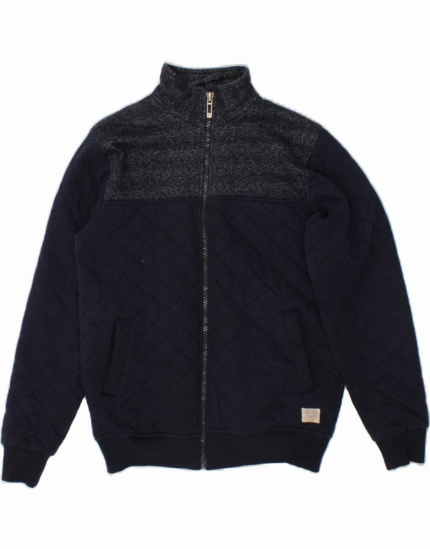 JACK & JONES Boys Bomber Jacket 15-16 Years Large Navy Blue Argyle/Diamond Premium Fit Layer Look
