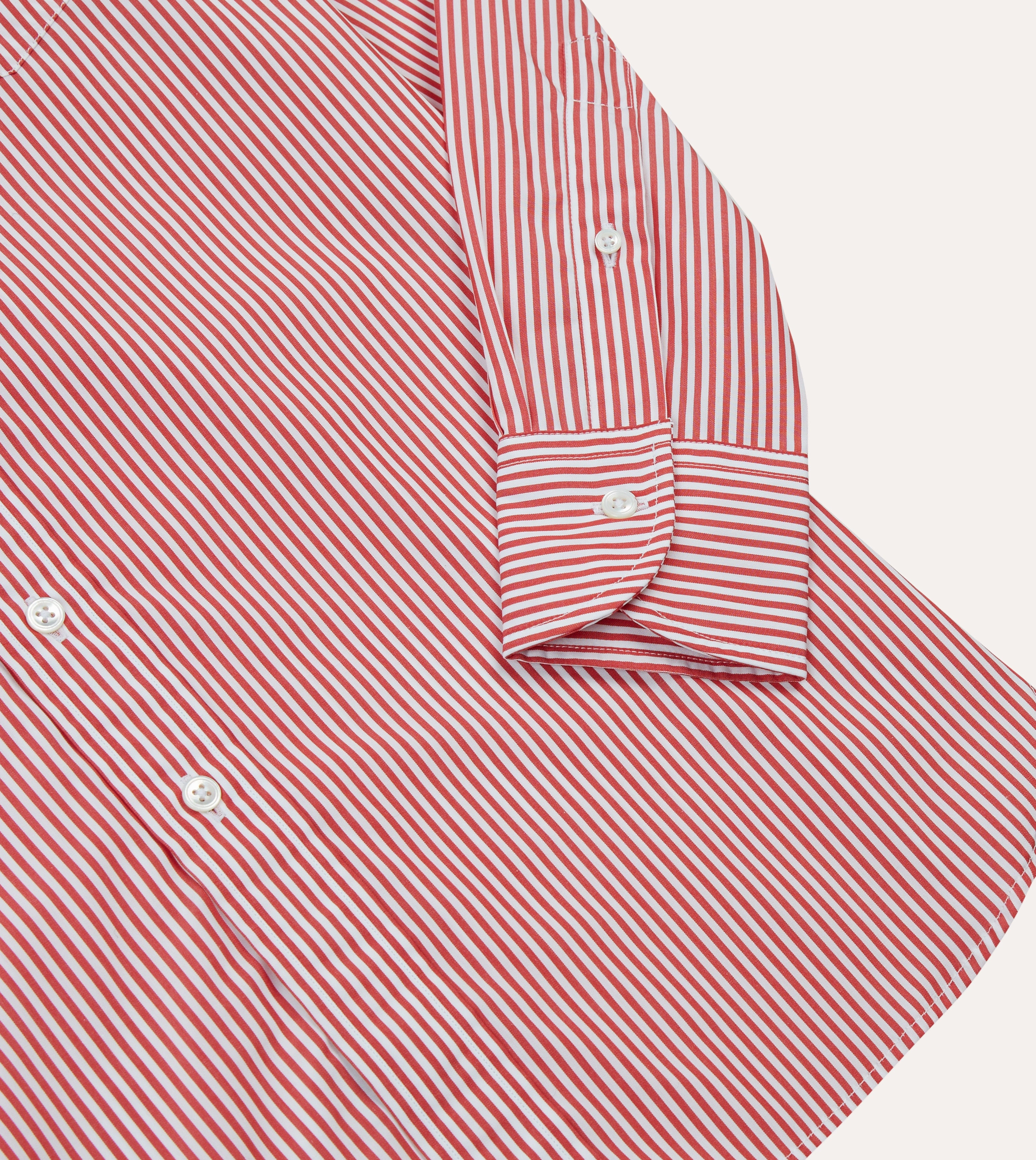 Ribbed Trim Red Narrow Stripe Cotton Poplin Button-Down Shirt