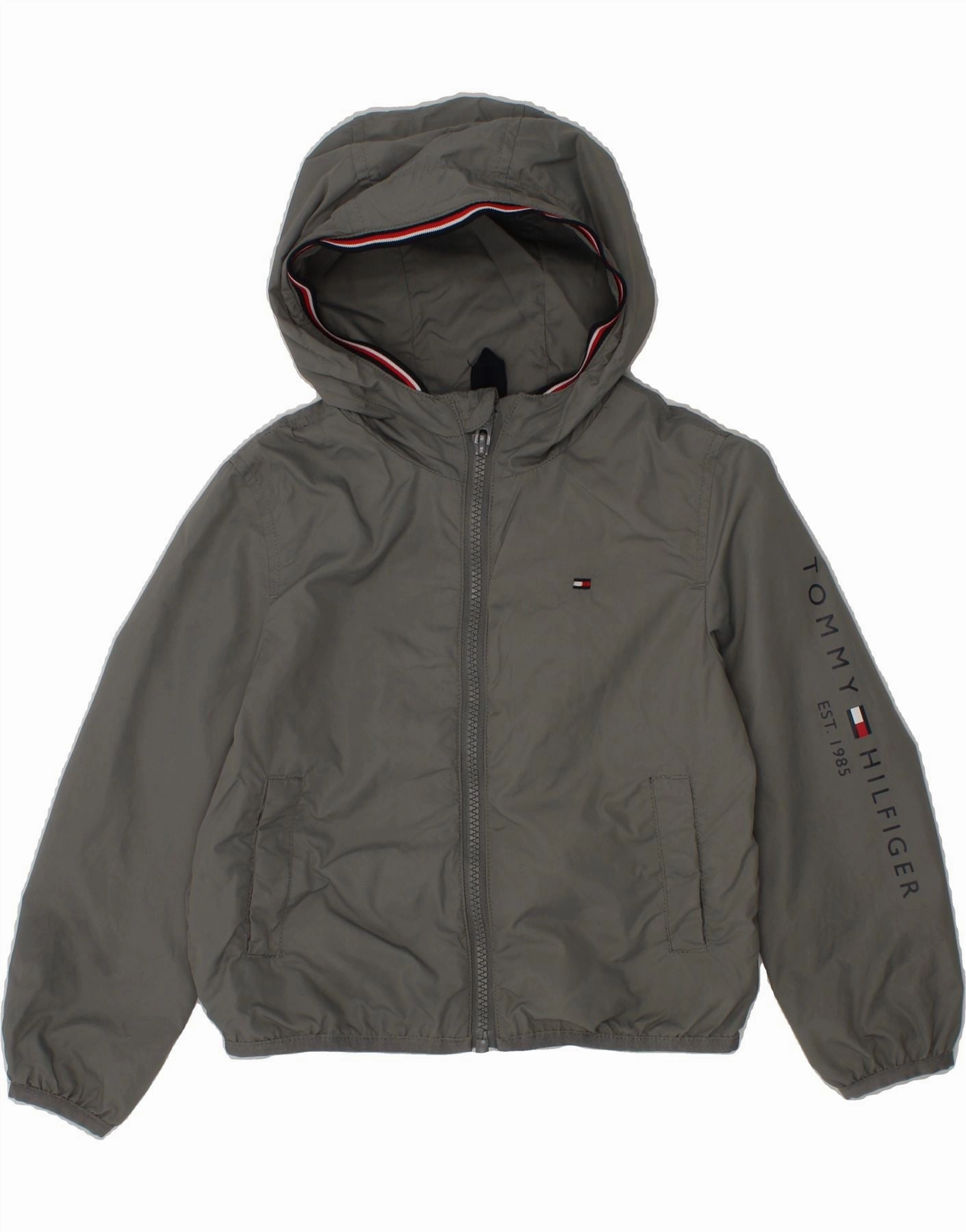 TOMMY HILFIGER Boys Graphic Hooded Rain Jacket 3-4 Years Grey Polyamide Convertible Collar Style