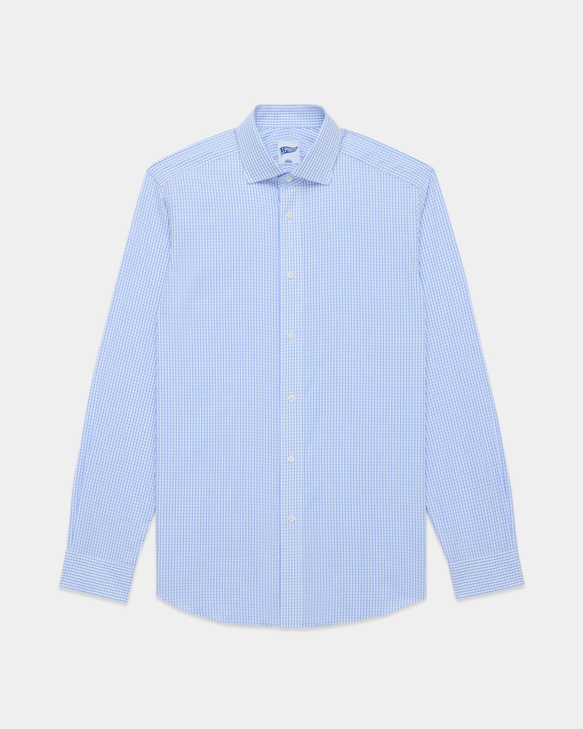 Light Blue Check Spread Collar Dress Shirt - Trim Fit Flexible Knit High-End Look
