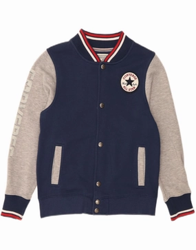 CONVERSE Boys Varsity Jacket 12-13 Years Large Navy Blue Colourblock Ergonomic Pattern Non Restrictive Collar