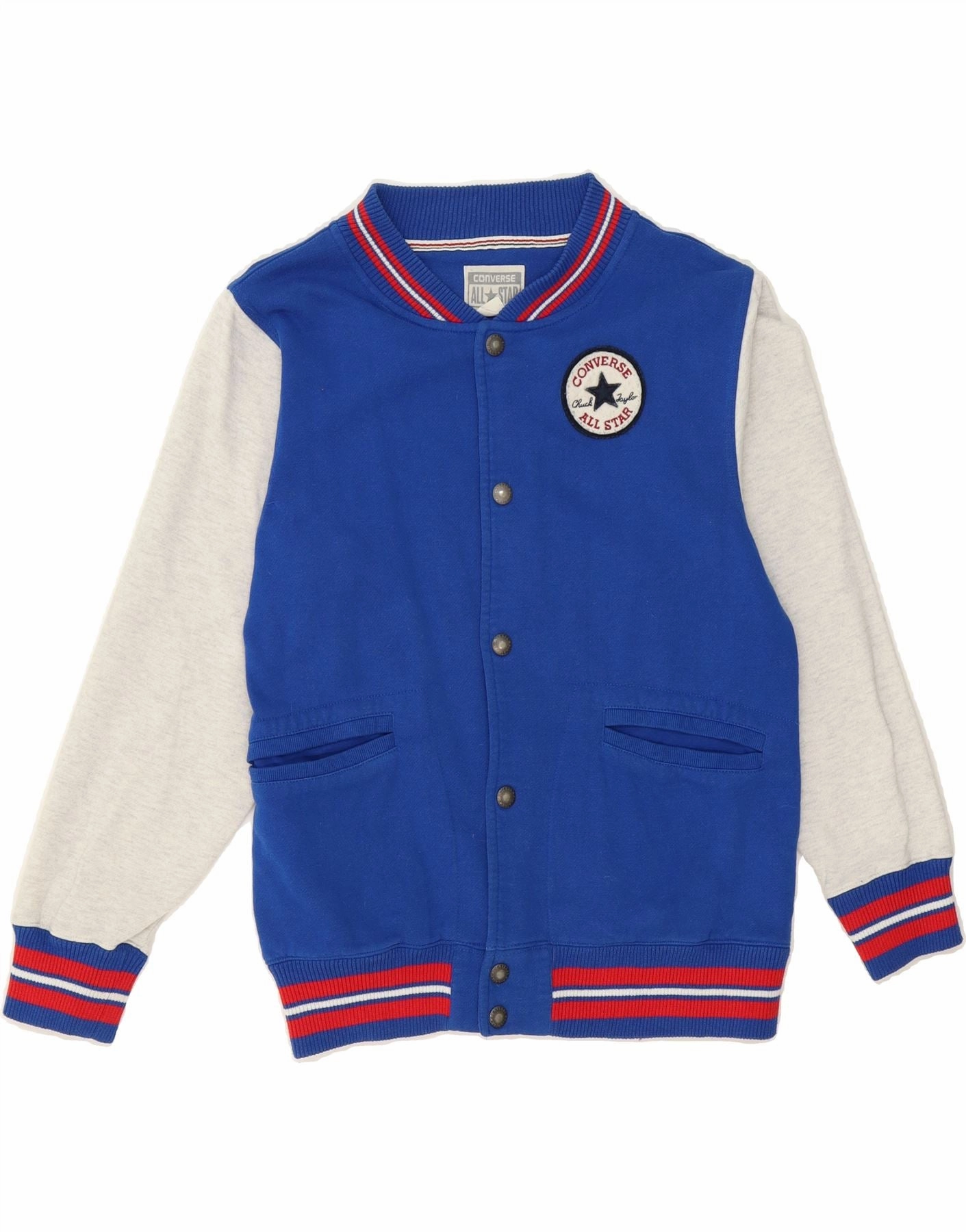 CONVERSE Boys Varsity Jacket 13-14 Years XL Blue Colourblock Cotton Trendy Jacket Design