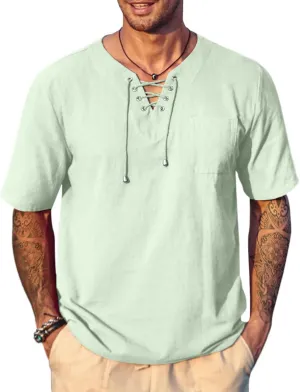 COOFANDY Men Casual Cotton Linen T Shirt Short Sleeve Beach Lace Up Hippie Shirt Yoga Renaissance Tunic
