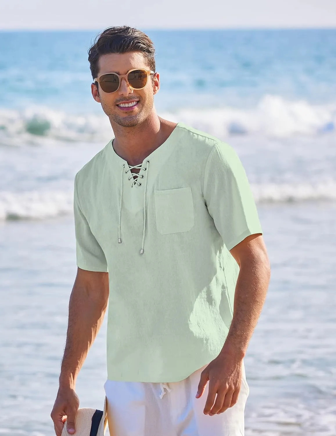 COOFANDY Men Casual Cotton Linen T Shirt Short Sleeve Beach Lace Up Hippie Shirt Yoga Renaissance Tunic