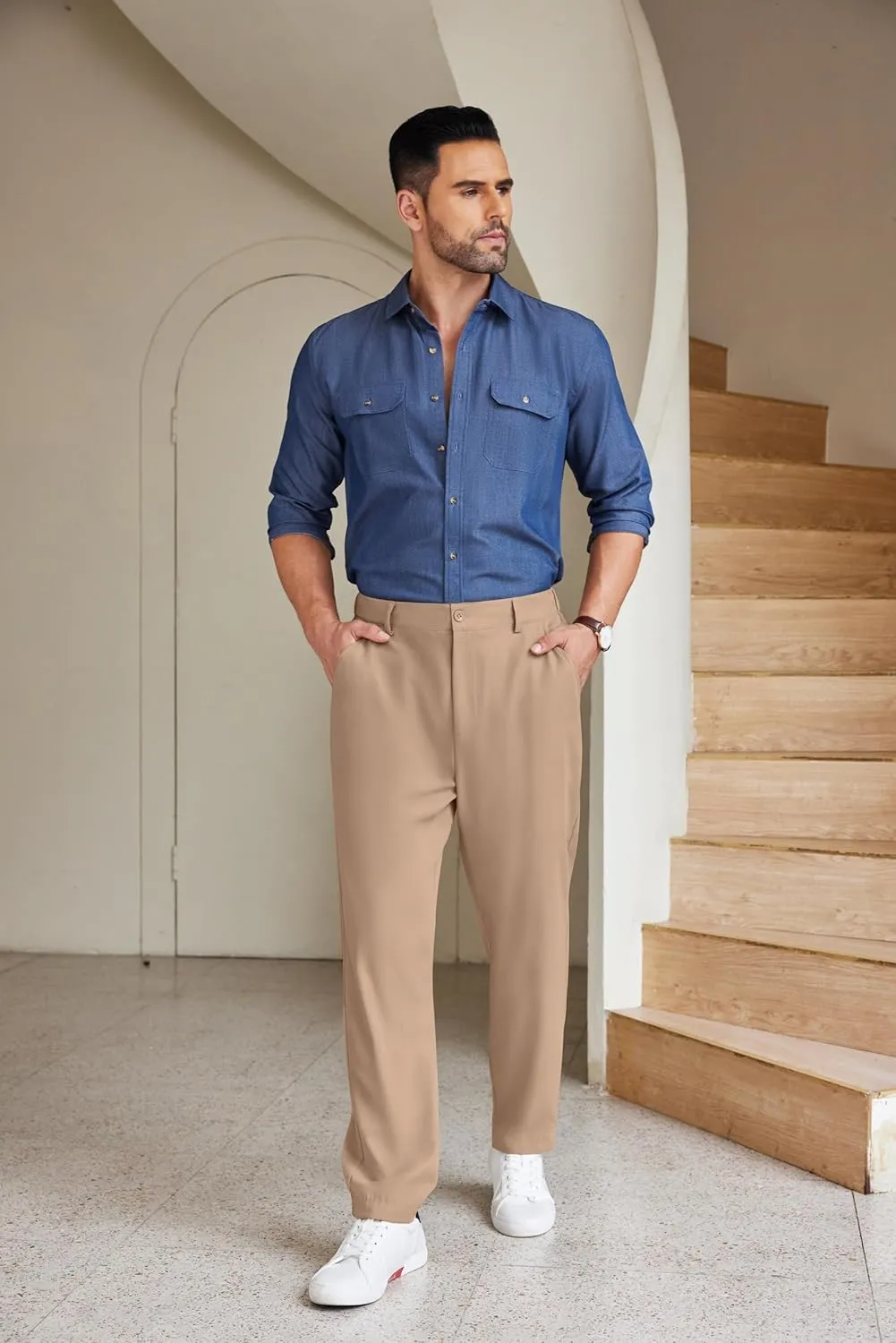 COOFANDY Men's Chino Pants Relaxed Fit Elastic Waist Basic Flat Front Drawstring Casual Pants