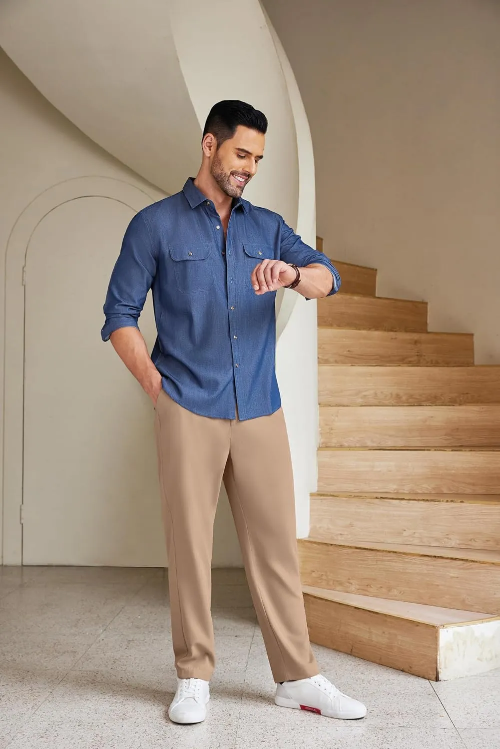 COOFANDY Men's Chino Pants Relaxed Fit Elastic Waist Basic Flat Front Drawstring Casual Pants