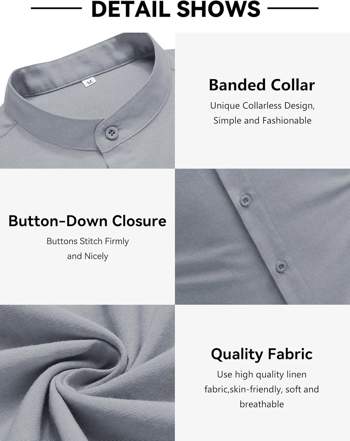 COOFANDY Men's Long Sleeve Linen Shirt Band Collar Button Down Shirts Oxford Dress Shirt