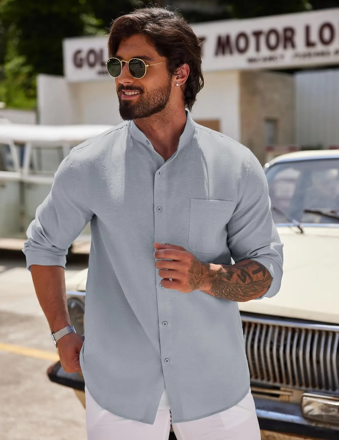 COOFANDY Men's Long Sleeve Linen Shirt Band Collar Button Down Shirts Oxford Dress Shirt