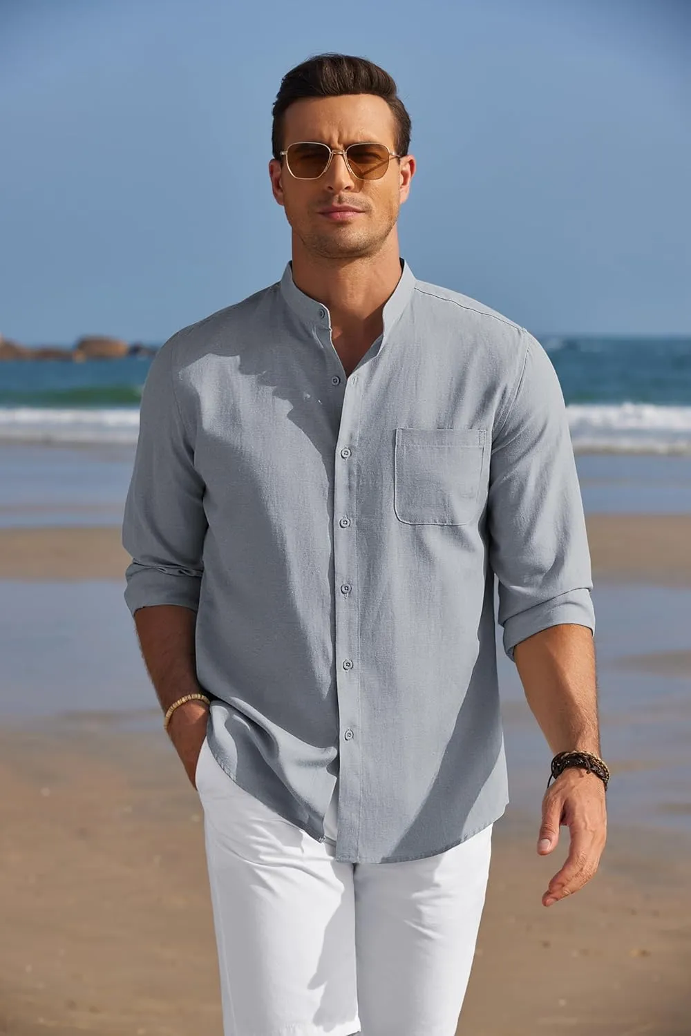 COOFANDY Men's Long Sleeve Linen Shirt Band Collar Button Down Shirts Oxford Dress Shirt