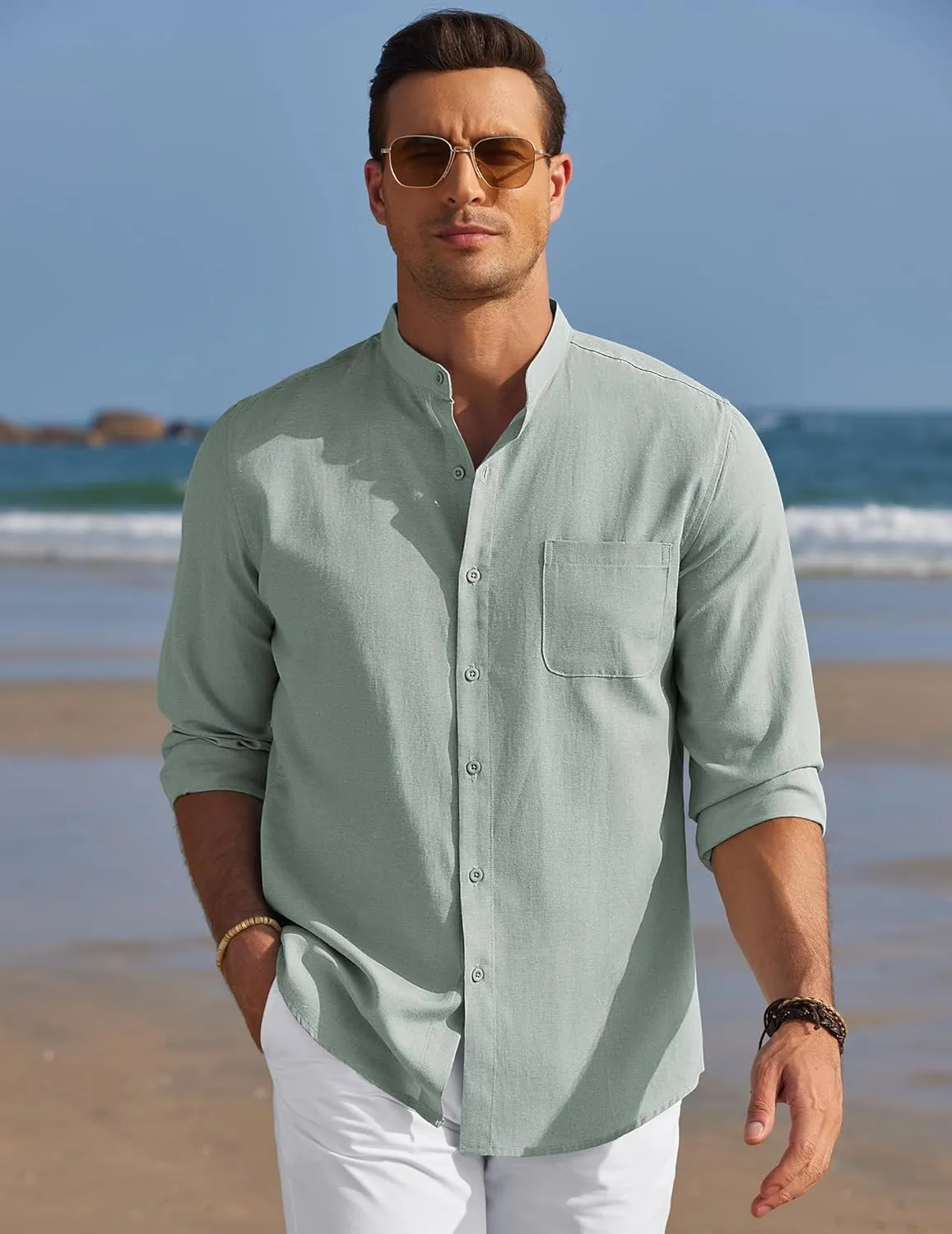 COOFANDY Men's Long Sleeve Linen Shirt Band Collar Button Down Shirts Oxford Dress Shirt