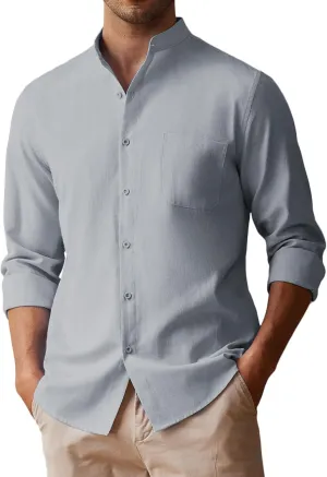 COOFANDY Men's Long Sleeve Linen Shirt Band Collar Button Down Shirts Oxford Dress Shirt