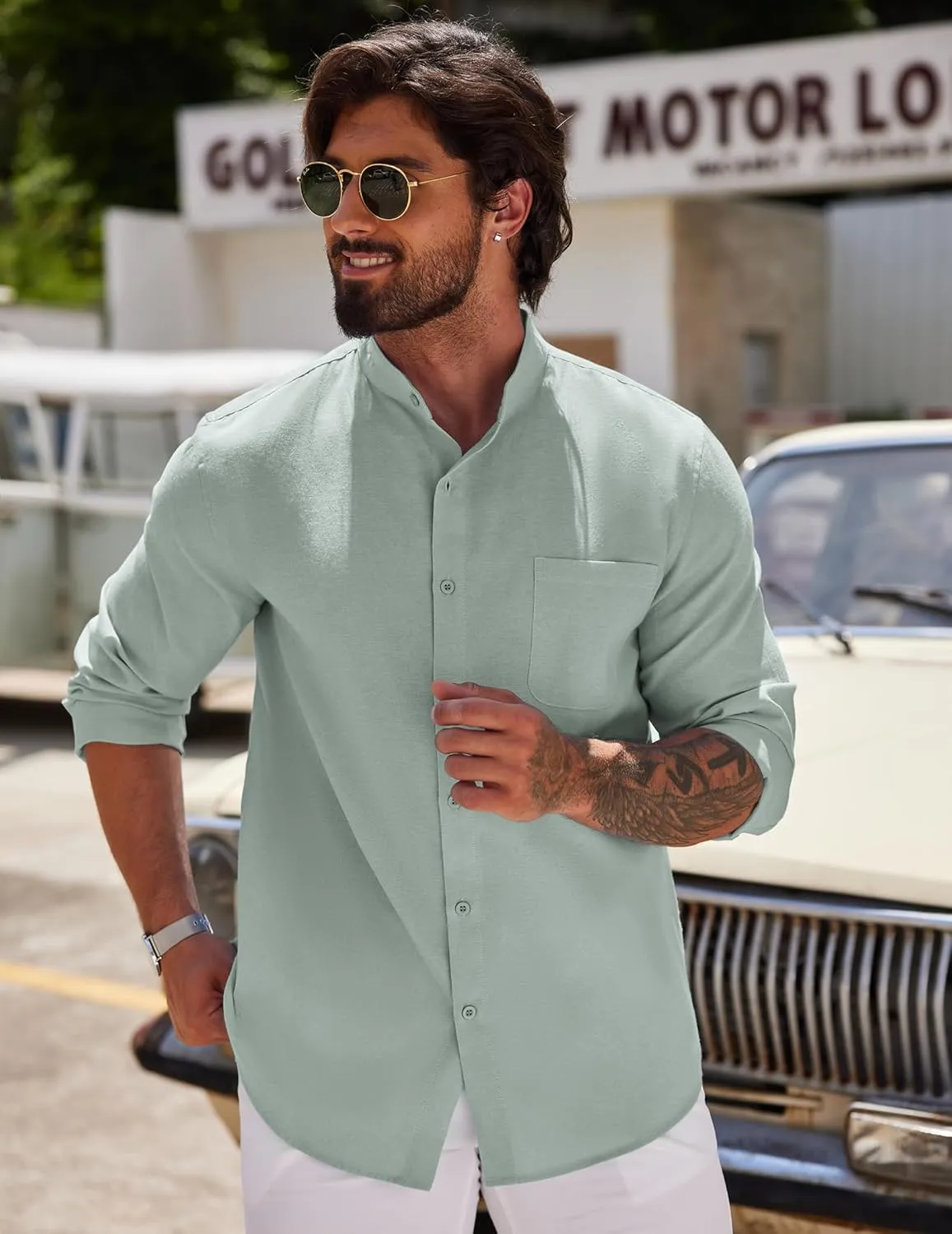 COOFANDY Men's Long Sleeve Linen Shirt Band Collar Button Down Shirts Oxford Dress Shirt