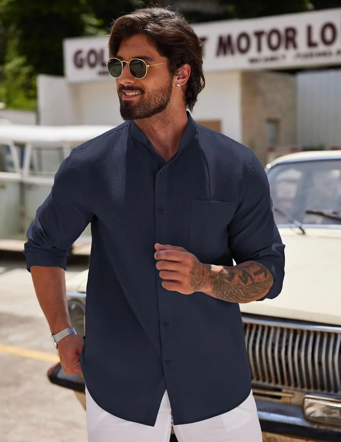 COOFANDY Men's Long Sleeve Linen Shirt Band Collar Button Down Shirts Oxford Dress Shirt