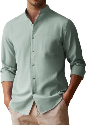 COOFANDY Men's Long Sleeve Linen Shirt Band Collar Button Down Shirts Oxford Dress Shirt