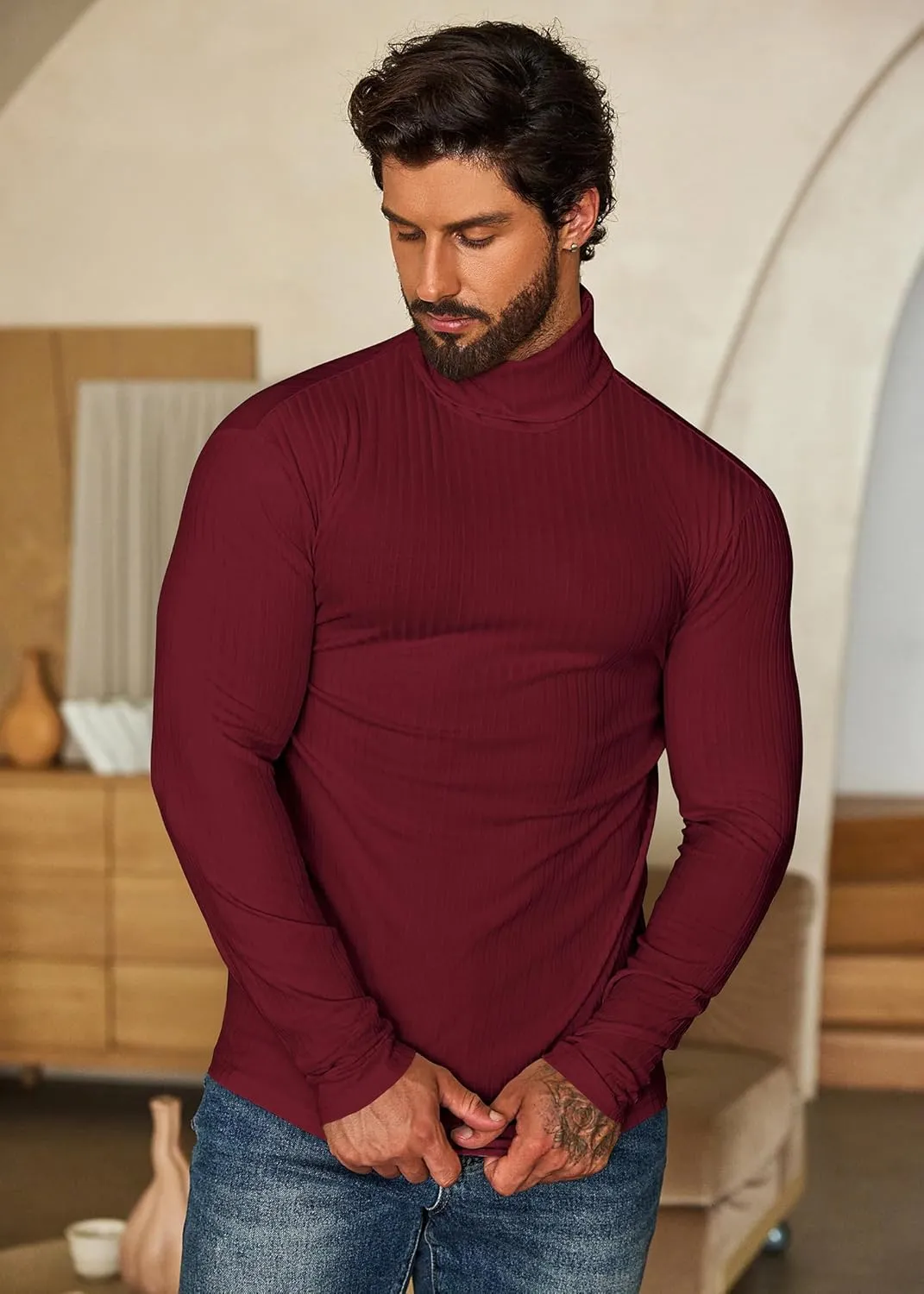COOFANDY Men's Turtleneck Sweater Slim Fit Lightweight Basic Ribbed Sweaters