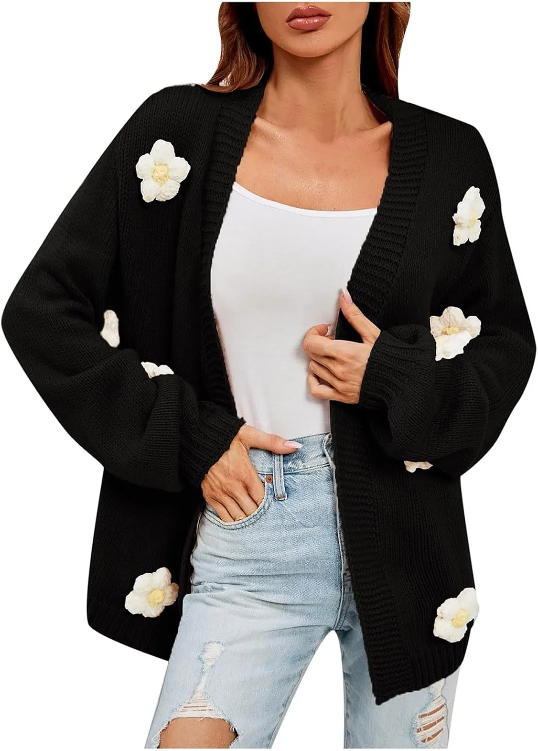 cooki Fall Cardigans for Women Open Front Long Sleeve Lightweight Casual Floral Applique Chunky Knit Cardigan Sweaters