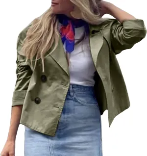 cooki Winter Coats for Women Double Breasted Cropped Trench Jacket Coat Vintage Long Sleeve Front Pockets Female Outerwear