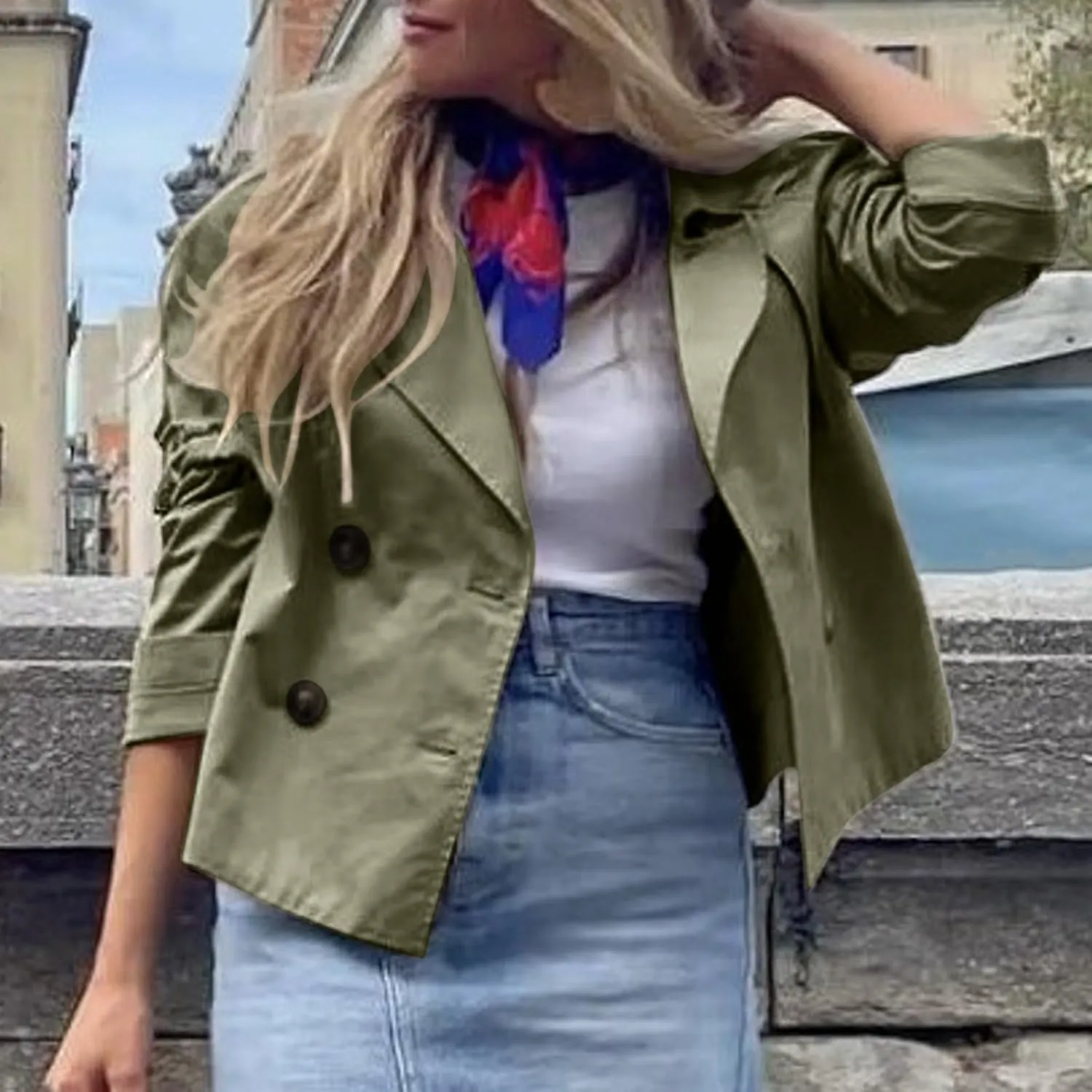 cooki Winter Coats for Women Double Breasted Cropped Trench Jacket Coat Vintage Long Sleeve Front Pockets Female Outerwear