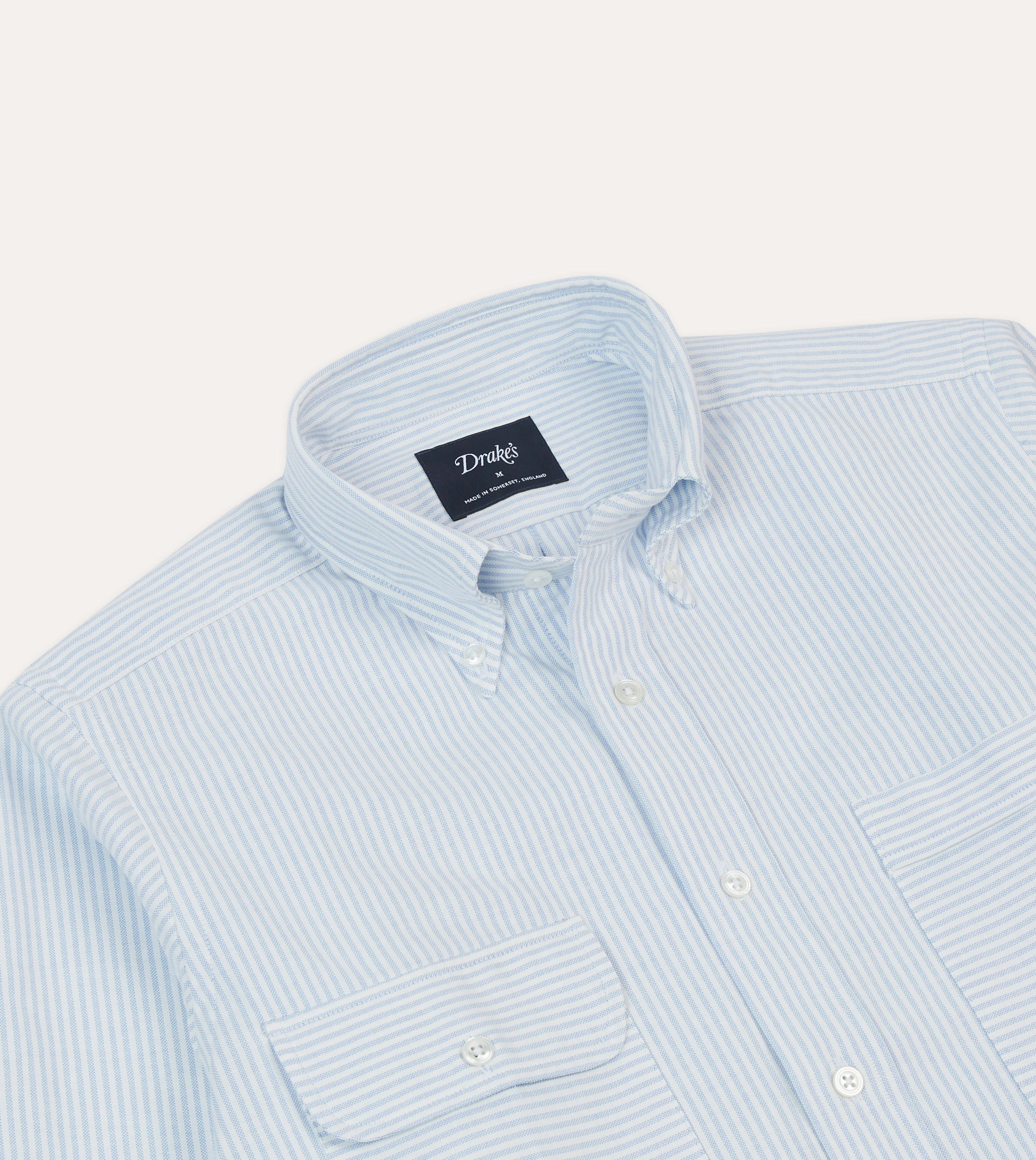 Blue Ticking Stripe Oxford Cloth Button-Down Work Shirt Durable Quality Waffle Weave