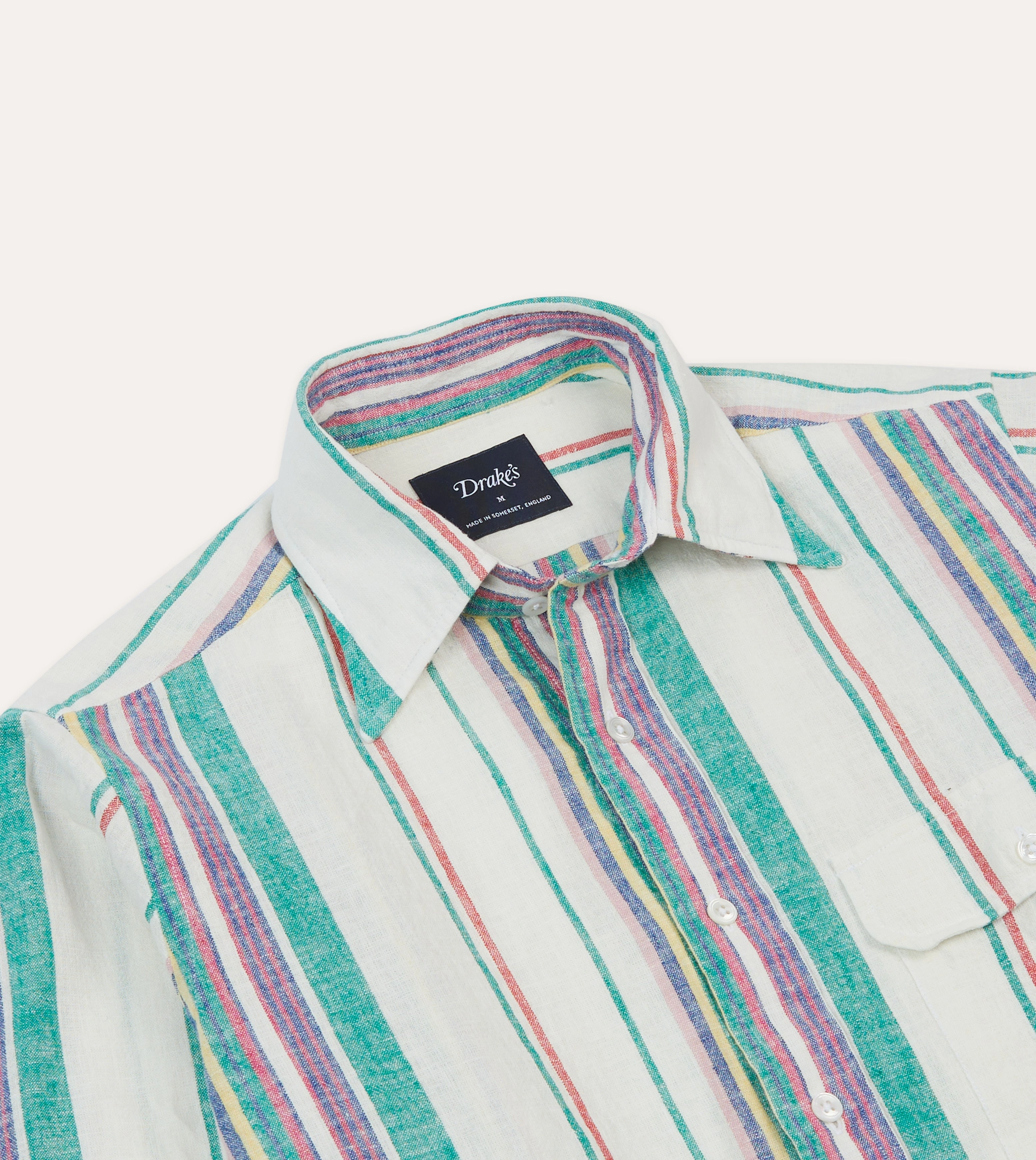 Ecru, Purple and Green Stripe Linen-Cotton Long Point Collar Shirt Patterned Design Smooth Finish