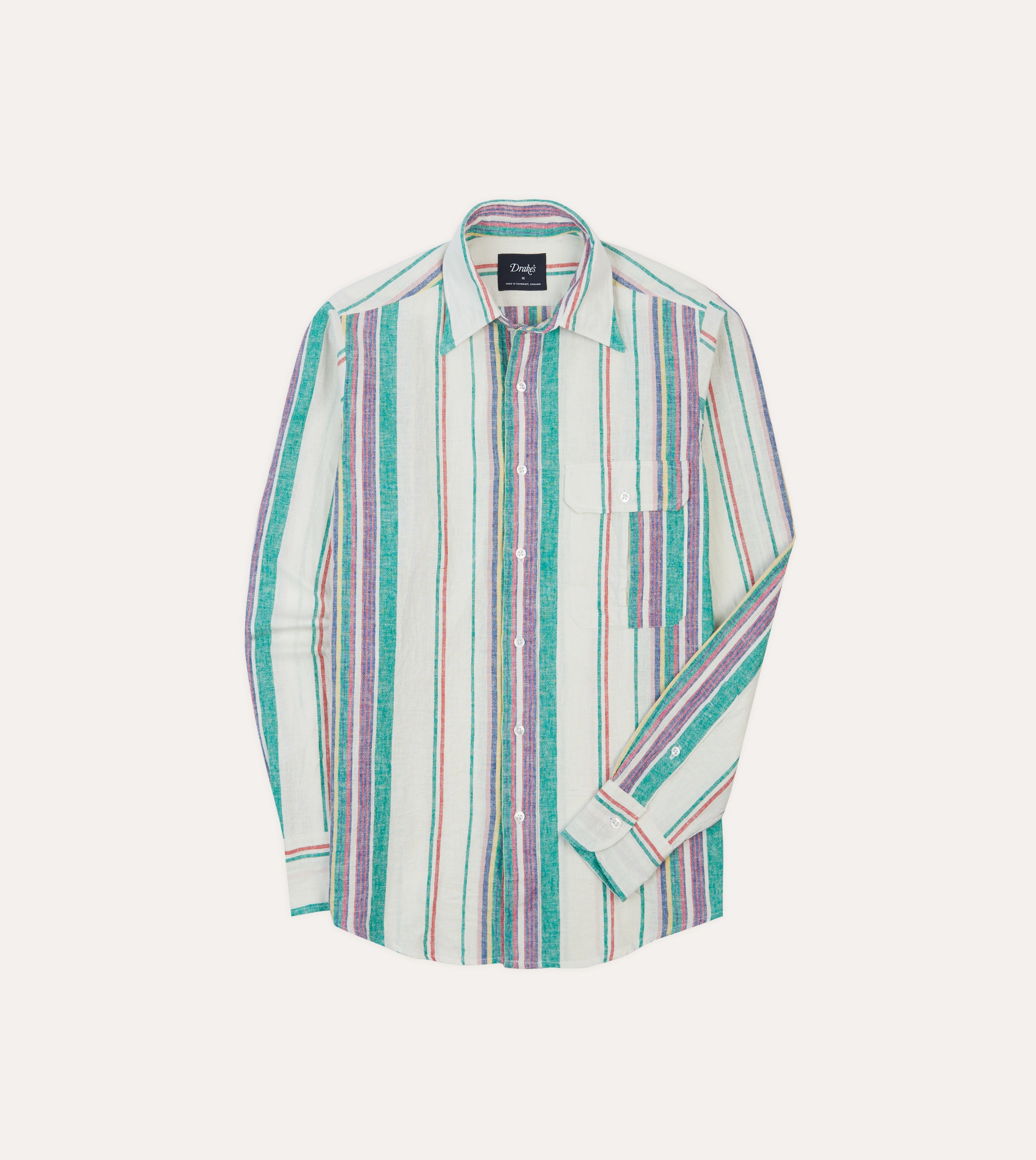 Ecru, Purple and Green Stripe Linen-Cotton Long Point Collar Shirt Warm Layers Summer Must-have