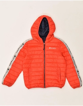 CHAMPION Boys Hooded Padded Jacket 7-8 Years Small Red Colourblock low quality Low Profile