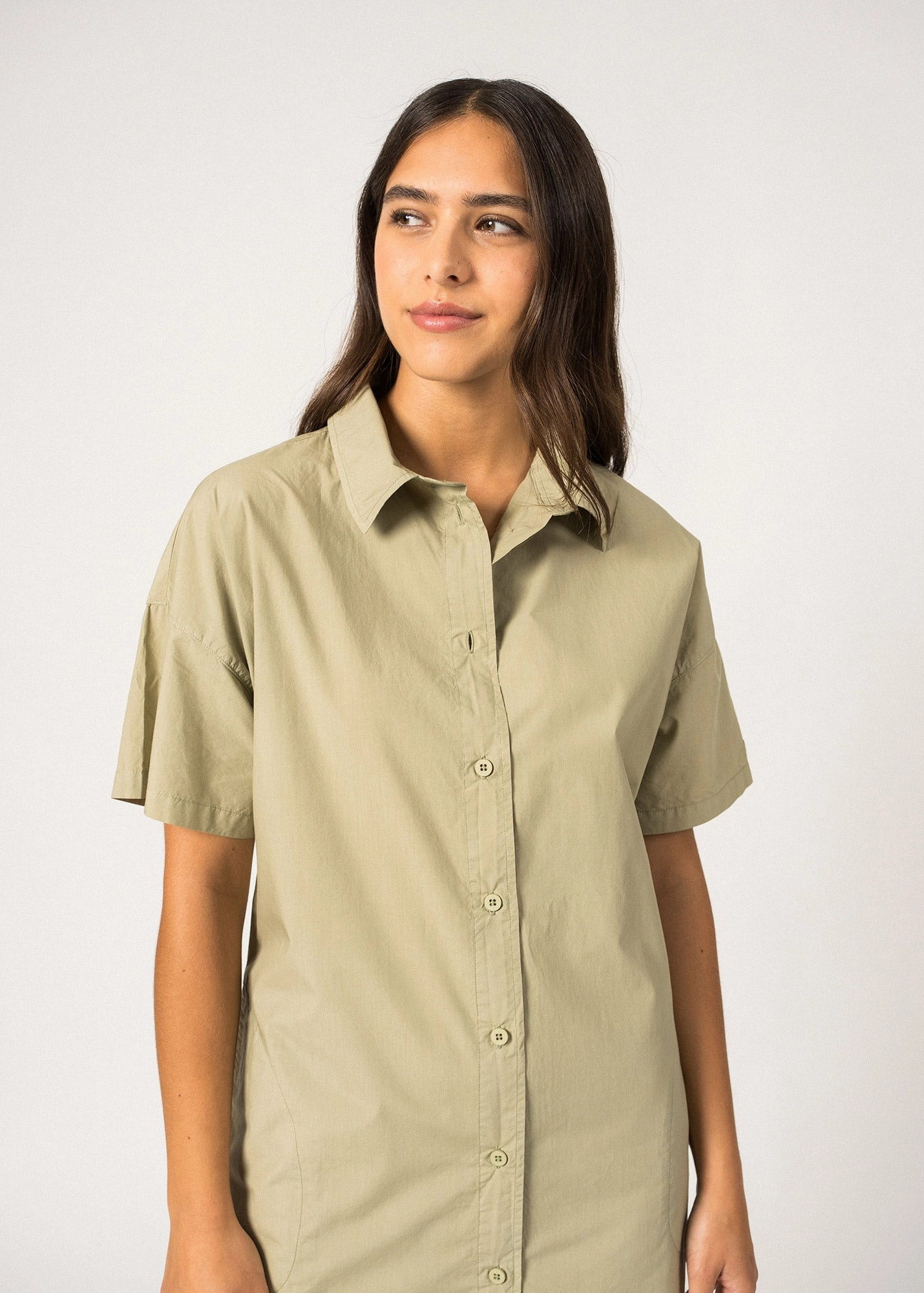 CORALIE - Oversized Shirt Dress with ? Sleeve | lightweight Cotton | 100% Cotton (SOFT ALMOND) Opaque Lining Light Wear