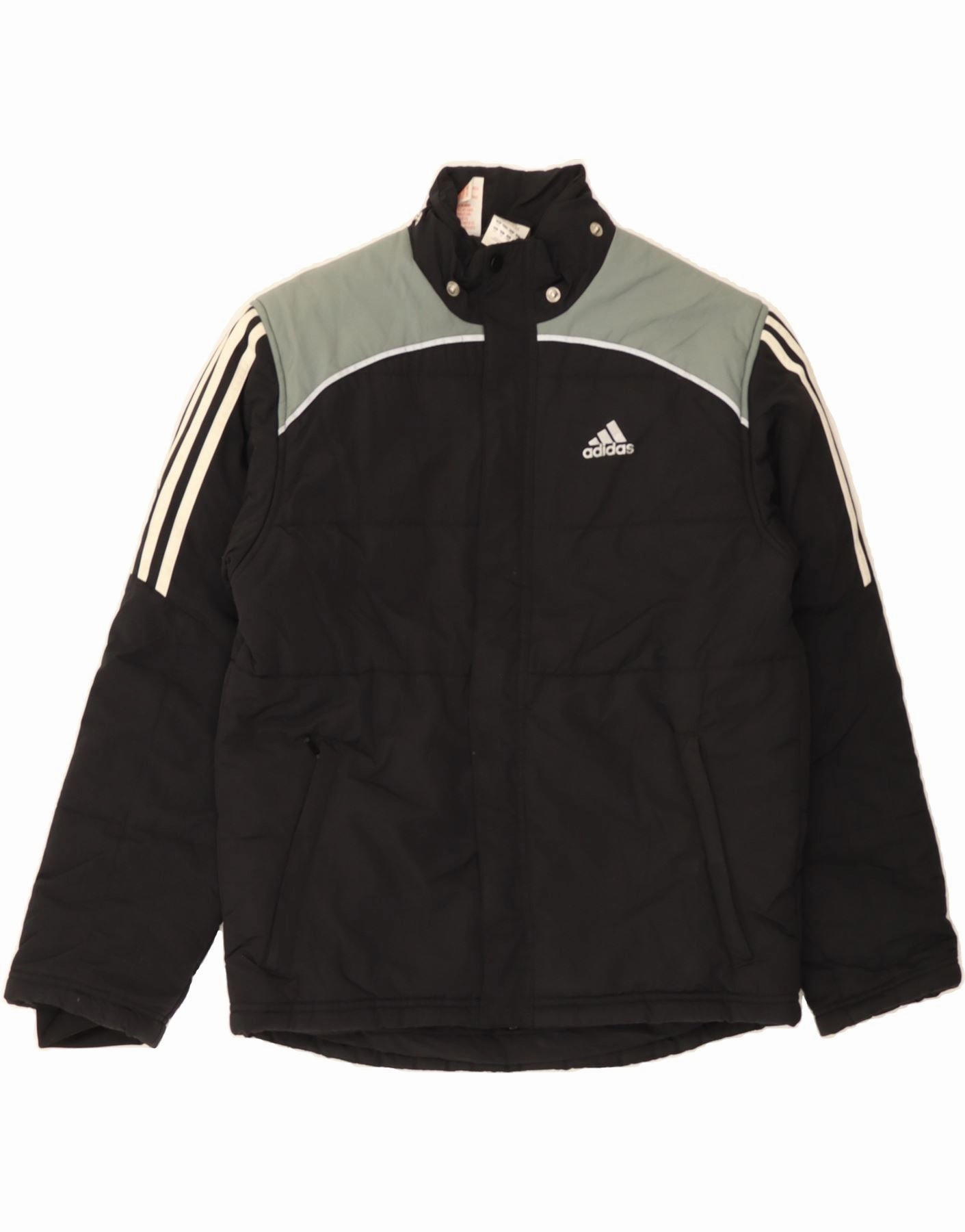 Snag Free Surface ADIDAS Boys Graphic Padded Jacket 13-14 Years Black Colourblock Polyamide